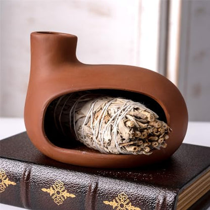 MOUGIGI Terracotta Palo Santo Holder - Modern Chiminea Incense Burner for Yoga, Meditation, and Energy Cleansing - Wood Sticks Dish, Sage Ash Catcher, Smudge Bowl, Cone Burner - Unique Meditation Gift - color: Matte Clay -Terracotta