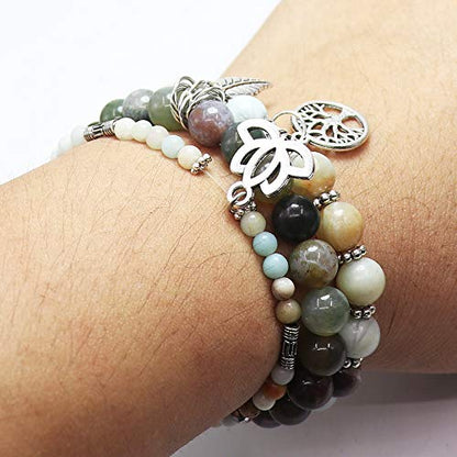 Tree of Life Yoga Healing Stone Bracelets,Multilayer Lotus Chakra Stone Reiki Bracelet Sets,Anxiety Crystal Natural Stone,for Women Stress Relief - style: Amazon Stone + Indian Agate