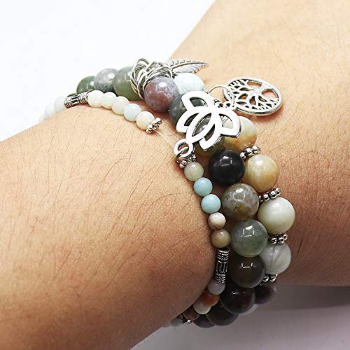 Tree of Life Yoga Healing Stone Bracelets,Multilayer Lotus Chakra Stone Reiki Bracelet Sets,Anxiety Crystal Natural Stone,for Women Stress Relief - style: Amazon Stone + Indian Agate