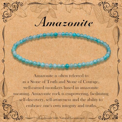 BONNY BOXX Natural Genuine Gemstone Faceted Round Beads Bracelets, 3mm Adjustable Stretchy Tiny Faceted Black Tourmaline Bracelet, Healing Crystal Reiki Chakra Dainty Jewelry Fashion Gifts - color: Amazonite