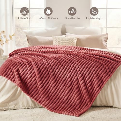 Rose Red Striped Throw Blanket, 330GSM Soft Plush Fleece Blanket for Couch Sofa Bed, Decorative Cozy Giftable Home Blanket, 50x60 Inches