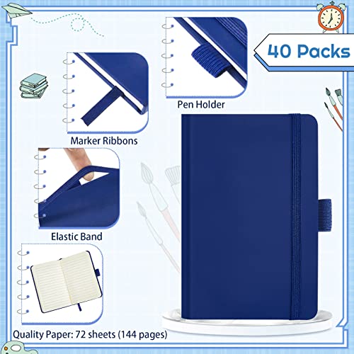 40 Pieces Small Notebooks A6 Pocket Journals 3.5 x 5.5 Inch Small Leather Notebook Mini Ruled Lined Journal with Elastic Band Pen Holder Page Marker Ribbons for Diary School Business Office (Blue) - color: Blue
