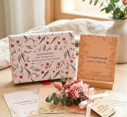 Positive Affirmations for Women – 50 Mindfulness Cards with Wooden Stand & Repeatable Journal (PDF) | Inspirational Self-Care Gift for Women & Men, Perfect Mother’s Day Gift for Mom
