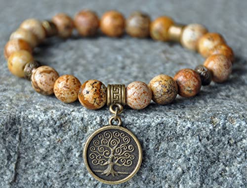 Stability and Consciousness,Picture Jasper Gemstone Bracelet,Tree of Life Bracelet,Mala Bracelet,Yoga Bracelet,Meditation Bracelet,Japa Mala