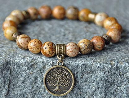 Stability and Consciousness,Picture Jasper Gemstone Bracelet,Tree of Life Bracelet,Mala Bracelet,Yoga Bracelet,Meditation Bracelet,Japa Mala