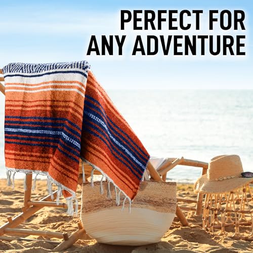 Authentic Large Handwoven Mexican Blanket - Soft Yoga- Durable Serape- Lightweight Falsa, Beach, Camping, Picnic, Outdoor Blanket 70"x50" - Orange Gold - color: Orange Gold