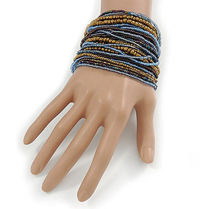 Avalaya Bronze/Light Blue/Purple/Peacock Glass Bead Multistrand Flex Bracelet With Wooden Closure - 19cm L