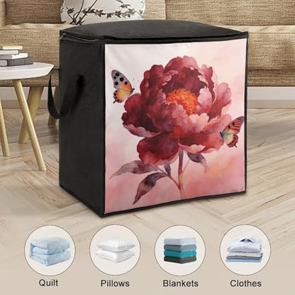 Flower Dark Red Storage Bag Portable Closet Organizer Storage Bags Quilt Storage Bags with Zippered Breathable Storage Bag with Carry Handles for Blanket Pillow Bedding