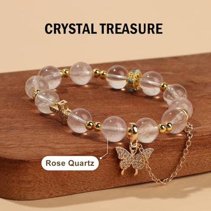 Natural Bead Bracelet 10mm Healing Crystal Bracelet for Women & Men Feng Shui Good Luck Meditation Buddhist Jewelry Handmade Stone Beaded Jewelry for Gift - color: Rose