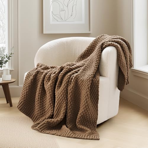EVERGRACEHOME Chunky Chenille Knit Throw Blanket for Couch, Soft Luxurious Moss Stitch Blankets for Bed, Cozy Decorative Farmhouse Knitted Throws for Sofa, Camel Brown, 50" x 60" - color: Camel Brown, size: 50" X 60"