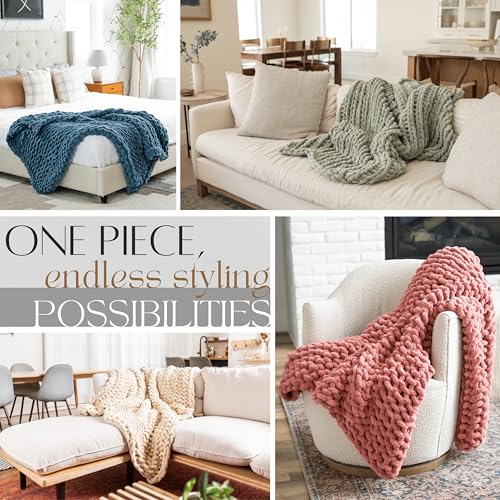 SAMIAH LUXE Chunky Knit Throw Blanket 50x70, Graphite Gray Chenille Throw Blanket for Couch Bed Sofa, Soft Fluffy Cable Knit Blanket, Oeko-TEX Certified, Machine Washable
