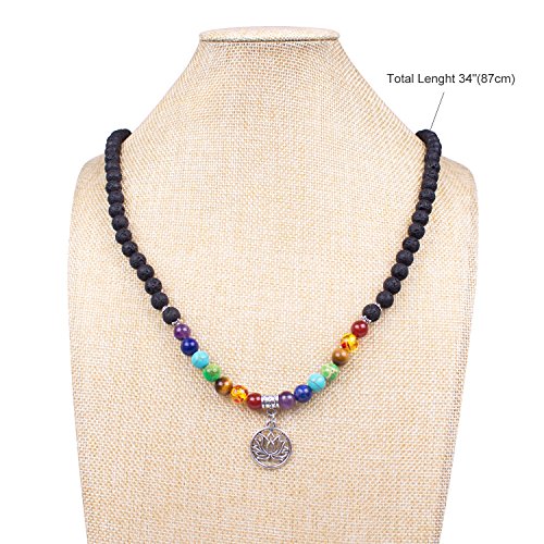 108 Mala Beads Necklace 7 Chakra Tree of Life Pendant Prayer Buddha Bracelets Healing Stone Yoga Men Women Jewelry - color: Natural lava beads