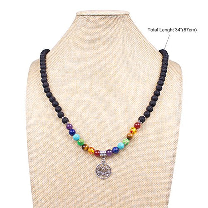 108 Mala Beads Necklace 7 Chakra Tree of Life Pendant Prayer Buddha Bracelets Healing Stone Yoga Men Women Jewelry - color: Natural lava beads