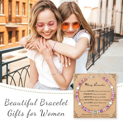 JoycuFF 𝗚𝗶𝗳𝘁𝘀 𝗳𝗼𝗿 𝗪𝗼𝗺𝗲𝗻 𝗠𝗼𝗼𝗻𝘀𝘁𝗼𝗻𝗲 𝗕𝗿𝗮𝗰𝗲𝗹𝗲𝘁 Amazonite Colorful Imperial Jasper Stainless Steel Beads Bracelets, Graduation Christmas Valentines Mothers Day Birthday Gifts - style: Always Remember-Colorful Imperial Jasper