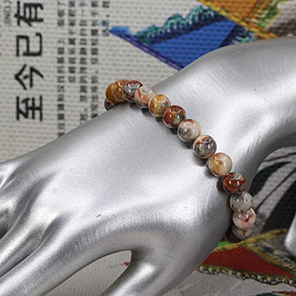 Keleny Gem Semi Precious Gemstones 8mm Natural Quartzite Stone Round Beads Rock Crystal Jasper Stretch Bracelet 7 Inch Unisex - color: Red Crazy Agate
