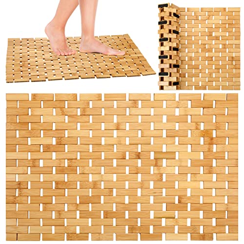 2 Pcs Bamboo Bath Mat Bathroom Rugs Floor Wood Shower Mat Non Slip Waterproof Wooden Shower Rug with Nonskid Silicone Pads for Bathroom Floor Spa Bathtub Kitchen(24 x 16 inches)