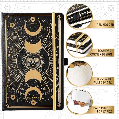 Artfan Ruled Notebook/Journal – Premium Thick Paper Classic Writing Notebook with Pocket + Page Dividers Gifts, Banded, Large, 128 Pages, Hard Cover, Lined (5.3" x 8.26") - Sun and Moon - color: BLACK16