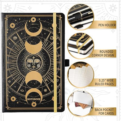 Artfan Ruled Notebook/Journal – Premium Thick Paper Classic Writing Notebook with Pocket + Page Dividers Gifts, Banded, Large, 128 Pages, Hard Cover, Lined (5.3" x 8.26") - Sun and Moon - color: BLACK16