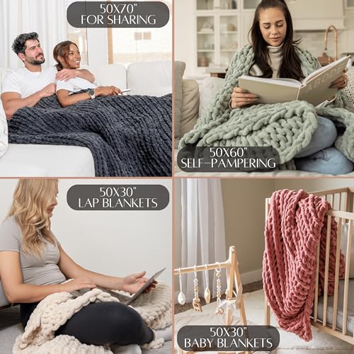 SAMIAH LUXE Chunky Knit Throw Blanket 50x70, Graphite Gray Chenille Throw Blanket for Couch Bed Sofa, Soft Fluffy Cable Knit Blanket, Oeko-TEX Certified, Machine Washable