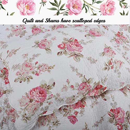 Cozy Line Home Fashions Romantic Pink Peony Floral 100% Cotton Reversible Quilt Bedding Set, Coverlet, Bedspread (Pink Peony, King - 3 Piece) - color: Pink Peony, size: King
