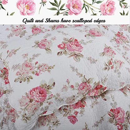 Cozy Line Home Fashions Romantic Pink Peony Floral 100% Cotton Reversible Quilt Bedding Set, Coverlet, Bedspread (Pink Peony, King - 3 Piece) - color: Pink Peony, size: King