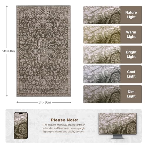 3x5 Washable Brown Rug Boho Floral Non-Slip Bedroom Rugs for Entryway Throw Rug Soft Low-Pile Indoor Floor Carpet for Living Room Laundry Foyer Decor