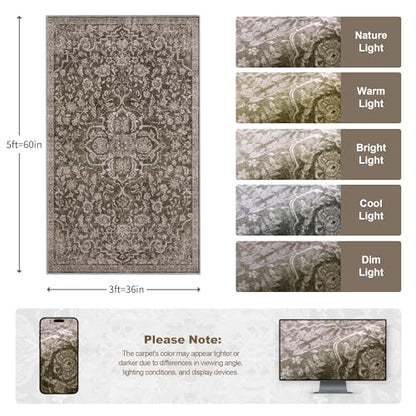 3x5 Washable Brown Rug Boho Floral Non-Slip Bedroom Rugs for Entryway Throw Rug Soft Low-Pile Indoor Floor Carpet for Living Room Laundry Foyer Decor