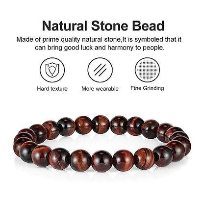 M MOOHAM Fathers Day Gift Mens Bracelet - Beaded Natural Stone 8mm Tiger Eye Matte Agate Lava Rock Bracelets for Men Teen Boys Grandpa Dad Birthday Gifts Jewelry - style: Red Tiger Eye Bracelet