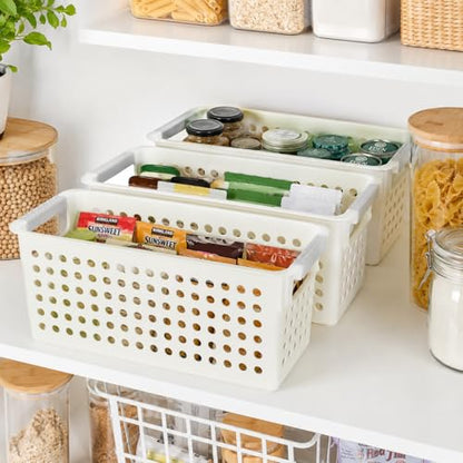 Basicwise Set of 3 White Rectangular Plastic Storage Basket with Easy-Grip Handles Ventilated Organizer Bin for Bathroom Pantry Closet Laundry Kitchen Shelf Countertop & Home Organization Essentials - size: Set of 3