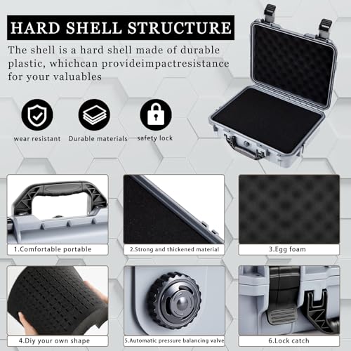 1 Pcs Waterproof Hard Case with DIY Customizable Foam Insert Portable Protective Case with Knife for Camera Drones Equipments Tools Test Instruments(Gray,11.3 x 8.7 x 4.2 Inch)