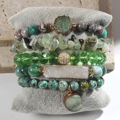 5PCS 6PCS Natural Boho Beaded Bracelets/Bangle for Women Men,Healing Turquoise Jasper Agate Crystal Gemstone Stone Chakra Multilayer Wrap Bohemian Handmade Jewelry Beads Stretch Bracelet Set