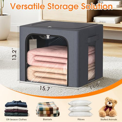 6 Pack Clothes Storage Bins with Metal Frame,40L Storage Bags Fabric Box Organizer with Clear Window,Zippers,Sturdy Handles(6 Pcs,Light Grey,40L)