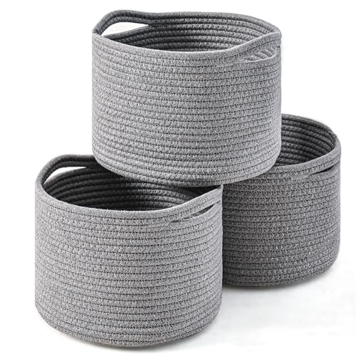 ICERZCZ Small Storage Baskets for Organizing, Organizer Baskets for Shelves, Small Woven Basket for Storage, Cute Basket for Gifts Empty, Soft Cotton Rope Baskets, 9.7"×9.7"×7" (3 Packs) Grey - color: Grey, size: 9.7"×9.7"×7"