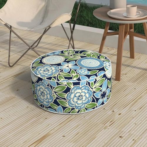 Outdoor Patio Inflatable Ottoman, 21x9 Inch Portable Stool Ottoman with Handle, Round Footrest Stool for Home Garden Camping, Azure Bloom - color: Azure Bloom, size: 21"D x 21"W x 9"H