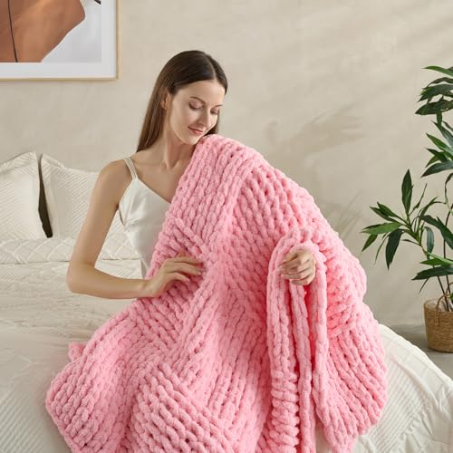 Chunky Knit Blanket Throw 50x60 Inches,Handmade Cable Knit Crochet Blanket,Cozy Lightweight All Season,Wrinkle-Resistant Polyester for Couch Bed Sofa Reading Nook, Beige,Pink - color: Pink