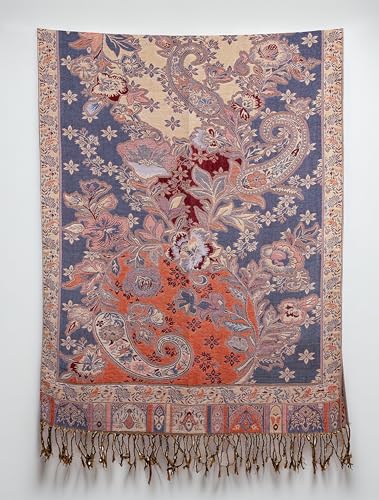 Achillea Elegant Paisley Floral Pashmina Shawl and Wrap – Boho Rave Scarf for Festival, Travel & Everyday Wear - color: Navy Rust