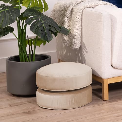 Factory Direct Partners FDP Overstuffed 16 inch Round Velvety and Vinyl Floor Cushions with Handles Flexible Seating for Home, Lounge, Yoga Studio, Deluxe Foam (2-Piece) - Beige - color: Beige