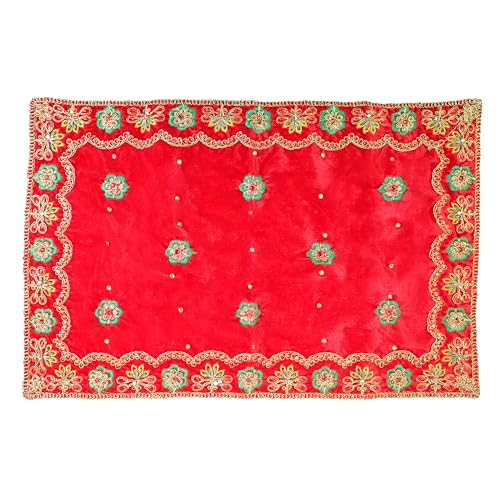 Decorative Mat Aasan Velvet Pooja Cloth Large Decorative Cloth (Size:-19 Inches x 13 Inches)for Multipurpose Indian Traditional Ethnic Pooja Festival Ganesha Decorations Pooja Item (Red) - color: Red