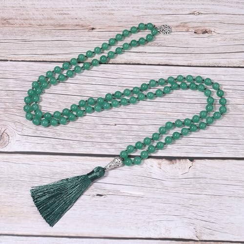 108 Mala Beads Necklace Semi-Precious Gem Stones Meditation Necklace 108 Hand Knotted Japa Mala Beaded Tassel Necklace with Tree of Life Pendant - color: Green Aventurine