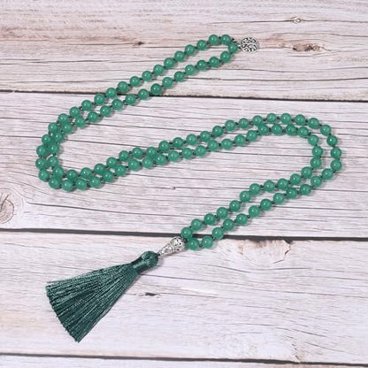 108 Mala Beads Necklace Semi-Precious Gem Stones Meditation Necklace 108 Hand Knotted Japa Mala Beaded Tassel Necklace with Tree of Life Pendant - color: Green Aventurine