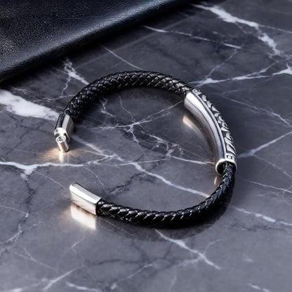 Men's Leather Bracelet, Stackable Stainless Steel Clasp Bracelets for Men Stylish Birthday, Thanksgiving, Valentine's Day Gift for My Man - style: 8.6"