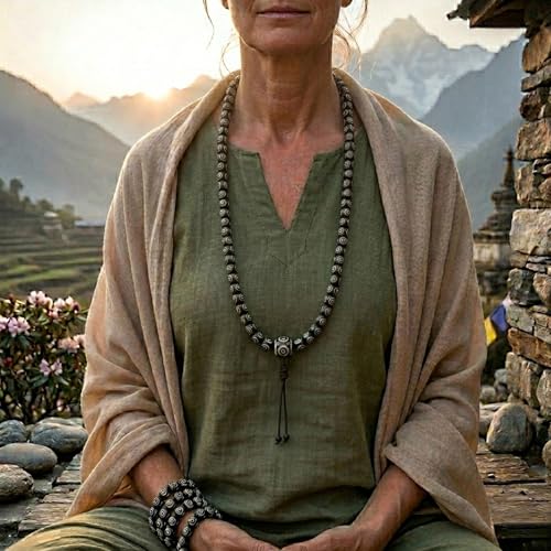 Agan Traders 108 Mala Prayer Beads Necklace for Men & Women – Tibetan Buddhist Prayer Beads Wrist Mala - Handmade Yak Bone Japa Mala Beads for Meditation, Yoga & Healing - color: BN Mandala-10mm