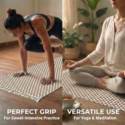 VINYASA Handwoven Cotton Yoga Rug Mat – Naturally Dyed | Absorbent, Washable Yoga Mat/Fitness Rug, Hatha, Pilates & Meditation - Non-Slip Grip | Extra Long & Wide | Trikon Series - color: Pomegranate