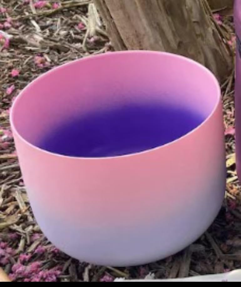 KVKA 8 inch F Note Rainbow Heart Chakra Pink-Puprle Color Frosted Quartz Crystal Singing Bowl with Carrying Case for Yoga Meditation and Sound Healing