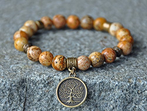 Stability and Consciousness,Picture Jasper Gemstone Bracelet,Tree of Life Bracelet,Mala Bracelet,Yoga Bracelet,Meditation Bracelet,Japa Mala
