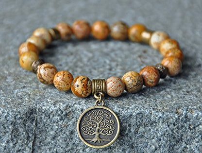 Stability and Consciousness,Picture Jasper Gemstone Bracelet,Tree of Life Bracelet,Mala Bracelet,Yoga Bracelet,Meditation Bracelet,Japa Mala