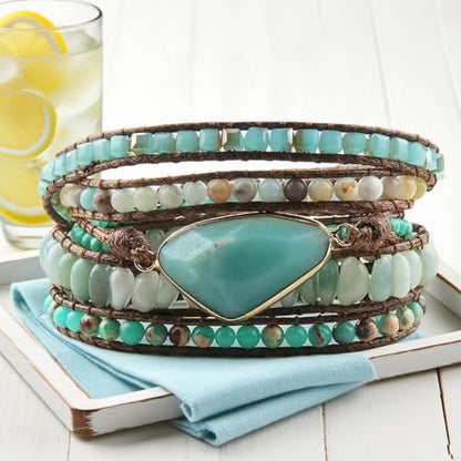 Boho Wrap Bracelet for Women, Handmade Natural Imperial Jasper Multi-Layer Stone Beaded Bracelet, Bohemian Healing Crystal Stone Jewelry Gifts - color: Amazonite #3