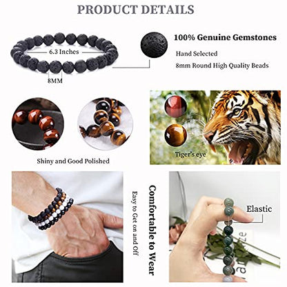 SONNYX 12 PCS 8mm Semi-Precious Gemstone Bracelet Set Crystal Stone Stretch Bracelets for Women Men Round Beaded Elastic Bracelets