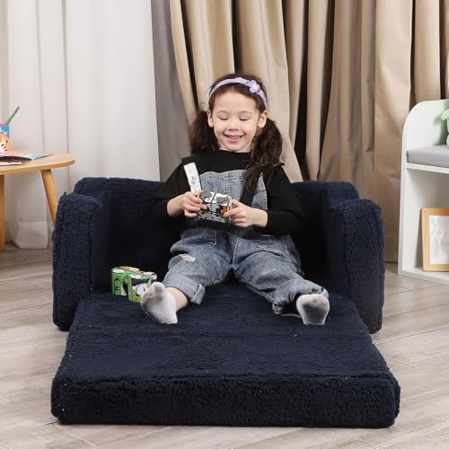 MOMCAYWEX Kids Sofa, 2-in-1 Flip-Out Foam Couch with Soft Sherpa Cover, Cozy Play Lounge Chair, Extra Wide, Dark Blue - color: Dark Blue, size: Large