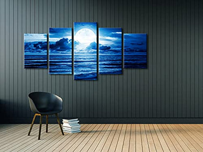 Pyradecor Extra Large Blue Clouds 5 Panels Moon Sea Beach Canvas Wall Art Modern Landscape Canvas Prints Pictures Artwork for Living Room Bedroom Home Decorations - size: 16x24inchx2pcs,16x32inchx2pcs,16x40inchx1pc